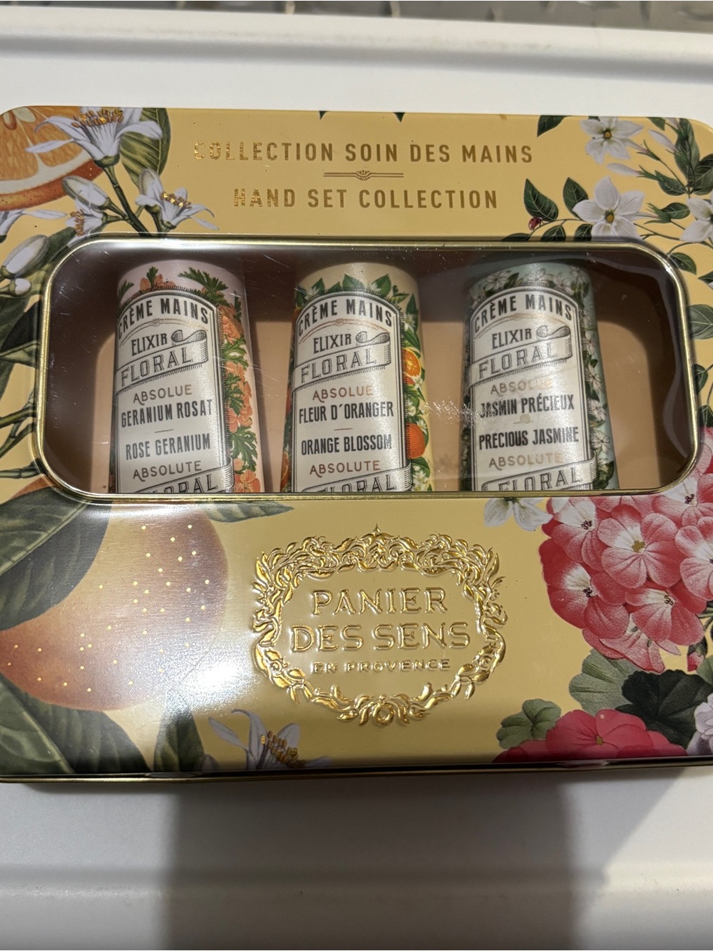 Set of three Panier des send Hand Cream Tubes in cute tin.